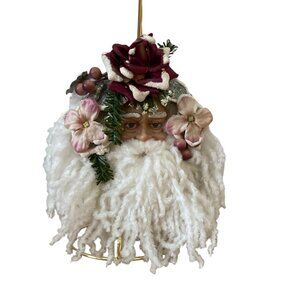 Vtg Santa Face Head Christmas Ornament Yarn Beard Pink Mauve Flowers Expressive